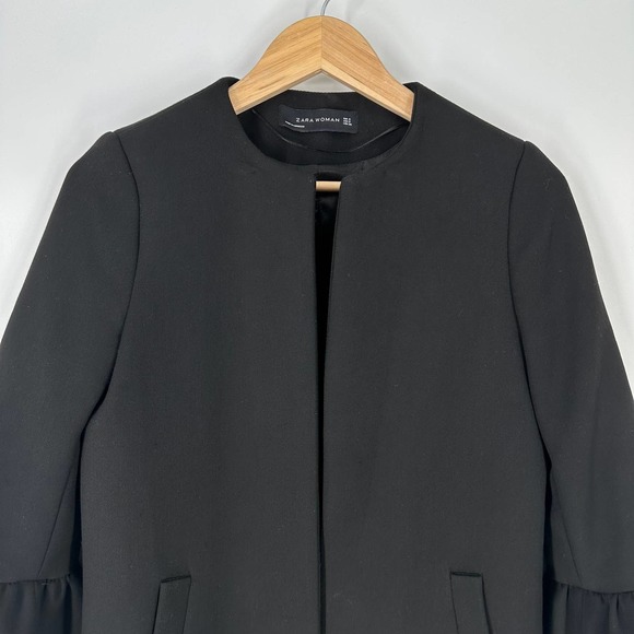 ZARA Bell Sleeve Collarless Coat Long Black Jacket - Picture 5 of 12